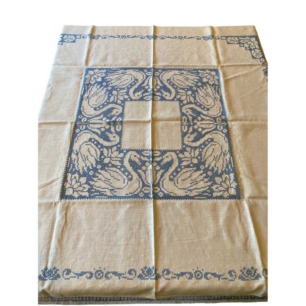 Hand-Embroidered Blue White Assisi-style Cross-stitch‎ Swan Tablecloth 48x50"